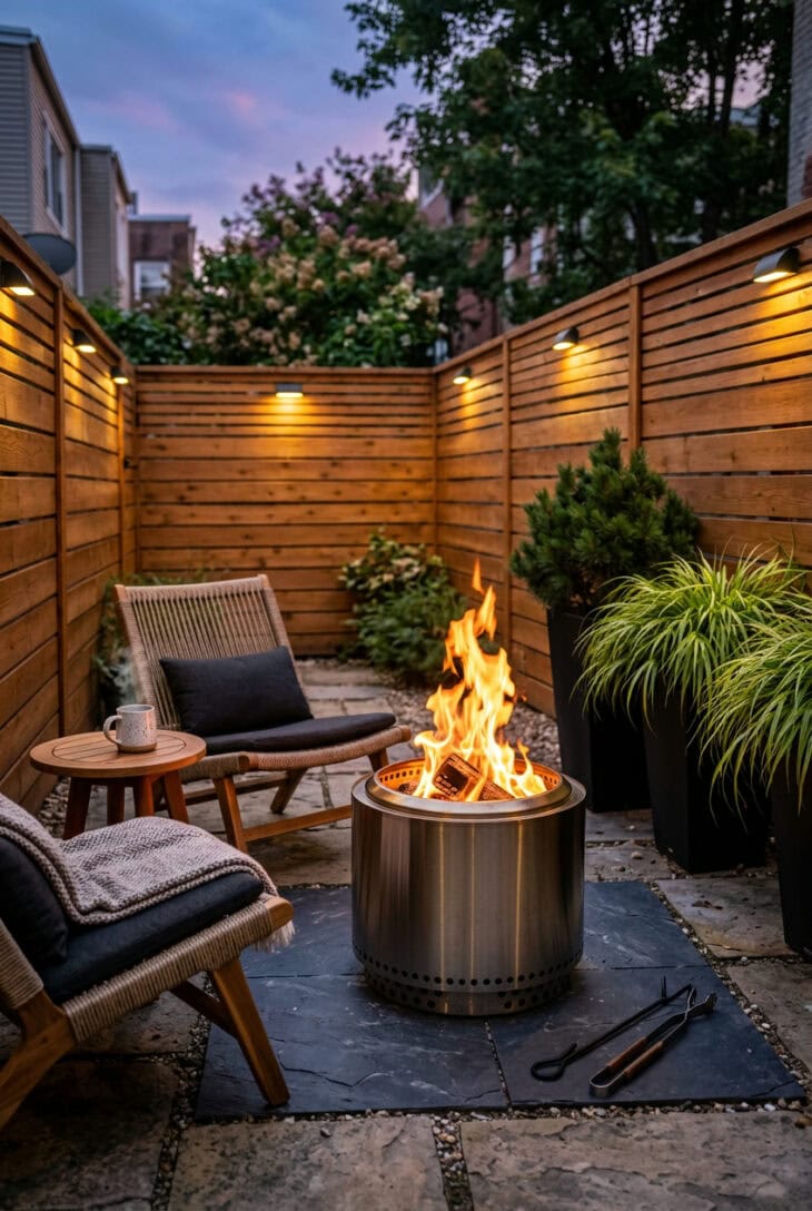 Compact stainless steel smokeless fire pit on slate pavers in a small backyard with a slatted cedar fence and two chairs