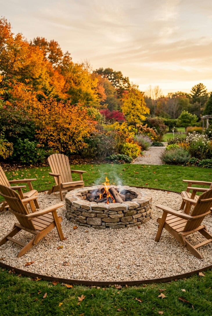 Fieldstone fire pit with a small fire in a circle of pea gravel surrounded by wooden chairs and lawn