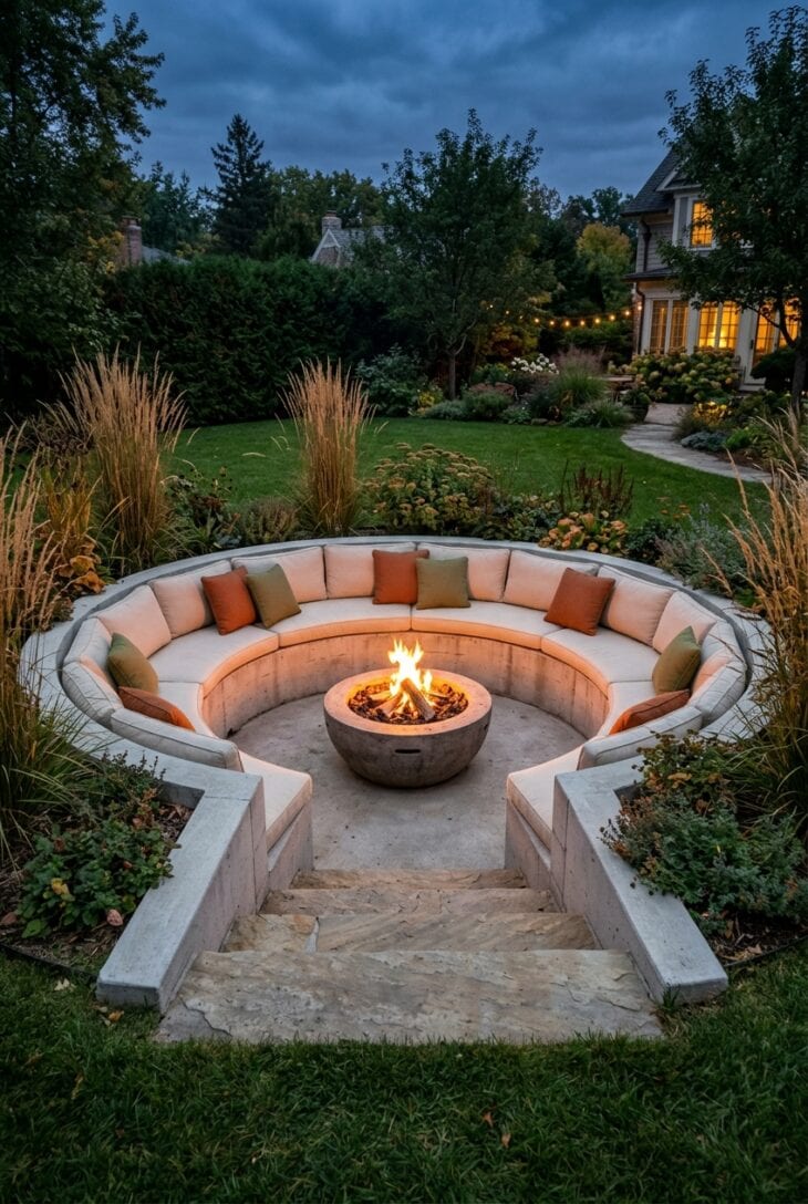 Sunken circular seating area with a cushioned curved bench, stone steps and a concrete fire pit burning at dusk