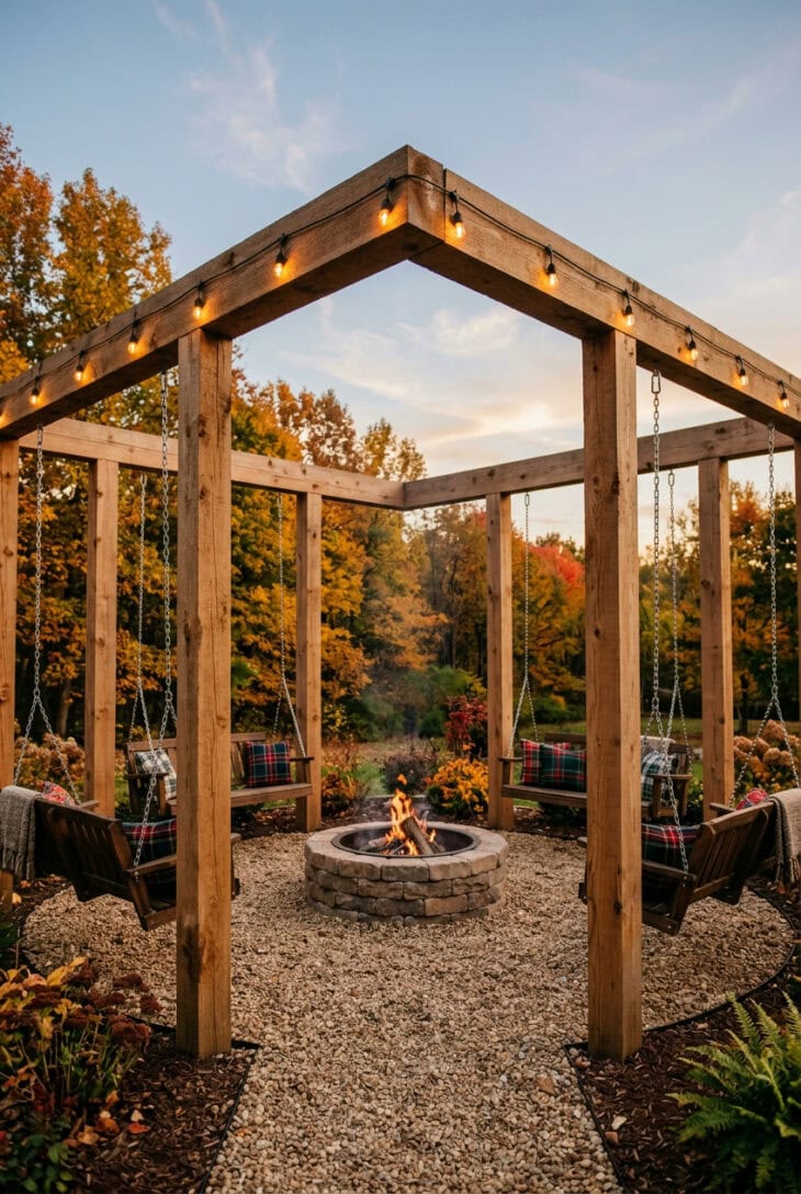 Four wooden porch swings hanging from a cedar frame around a stone fire pit with an open sky above