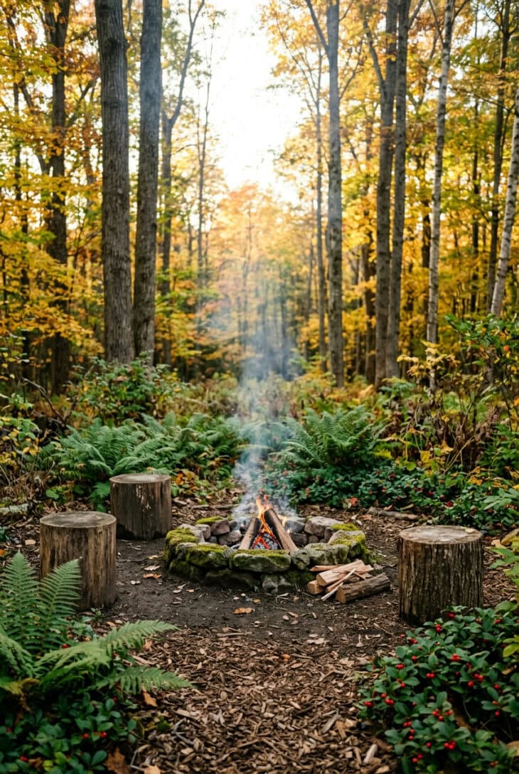 Small campfire ring of mossy stones in a woodland clearing with tree-trunk stools, ferns and wintergreen