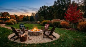 Stone fire pit burning at dusk in a pea gravel circle ringed by Adirondack chairs with blankets, with a red maple in fall color behind
