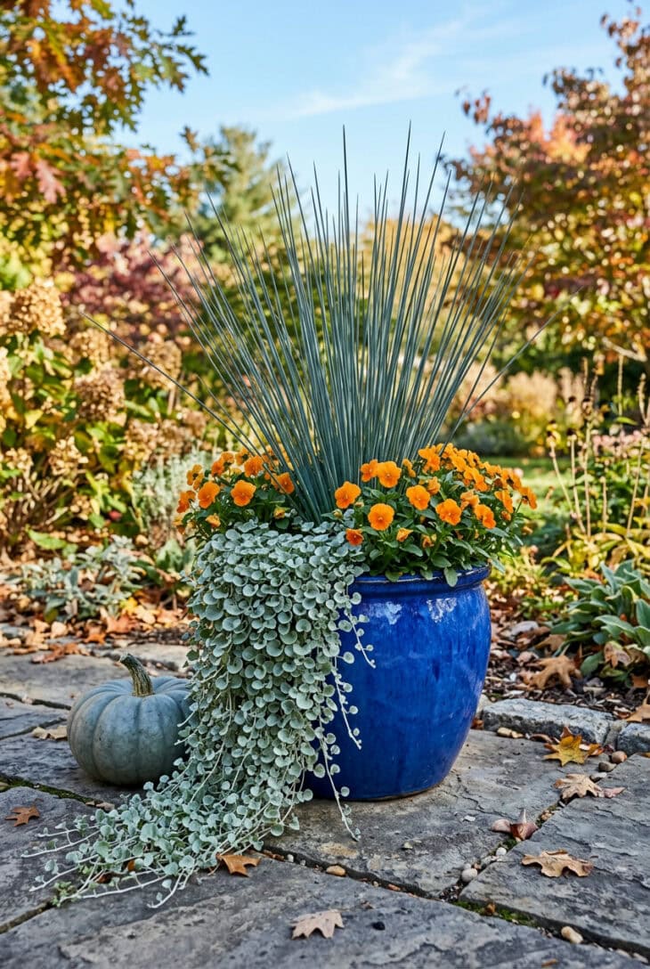 Cobalt blue glazed pot of upright blue rush with bright orange violas and cascading silver dichondra beside a blue-gray pumpkin