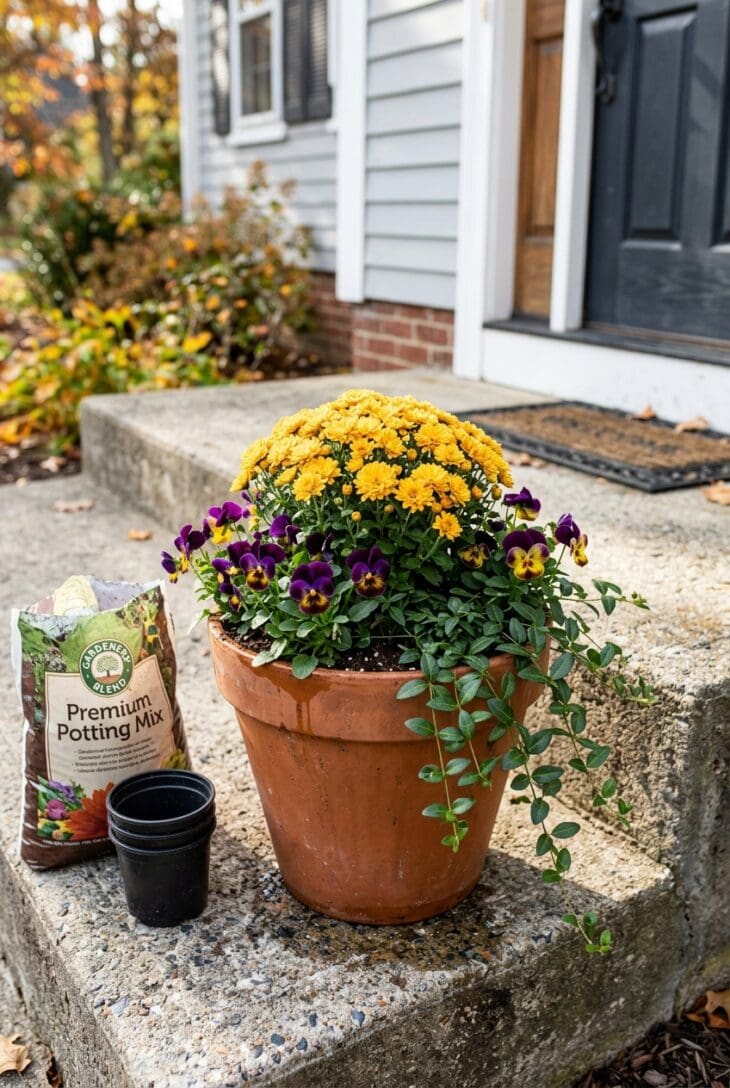 Simple terracotta pot with a yellow mum, purple and yellow pansies and trailing periwinkle on a concrete front step