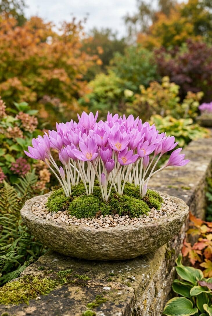 Shallow stone bowl of gravel and moss with a cluster of lilac-pink autumn crocus flowers on bare stems