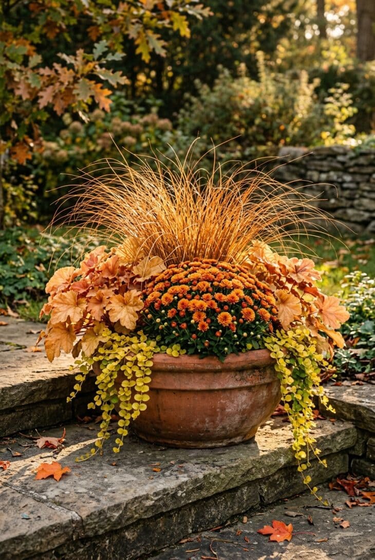 Terracotta planter of coppery orange sedge, caramel heuchera and a bronze mum with golden creeping jenny spilling over the rim