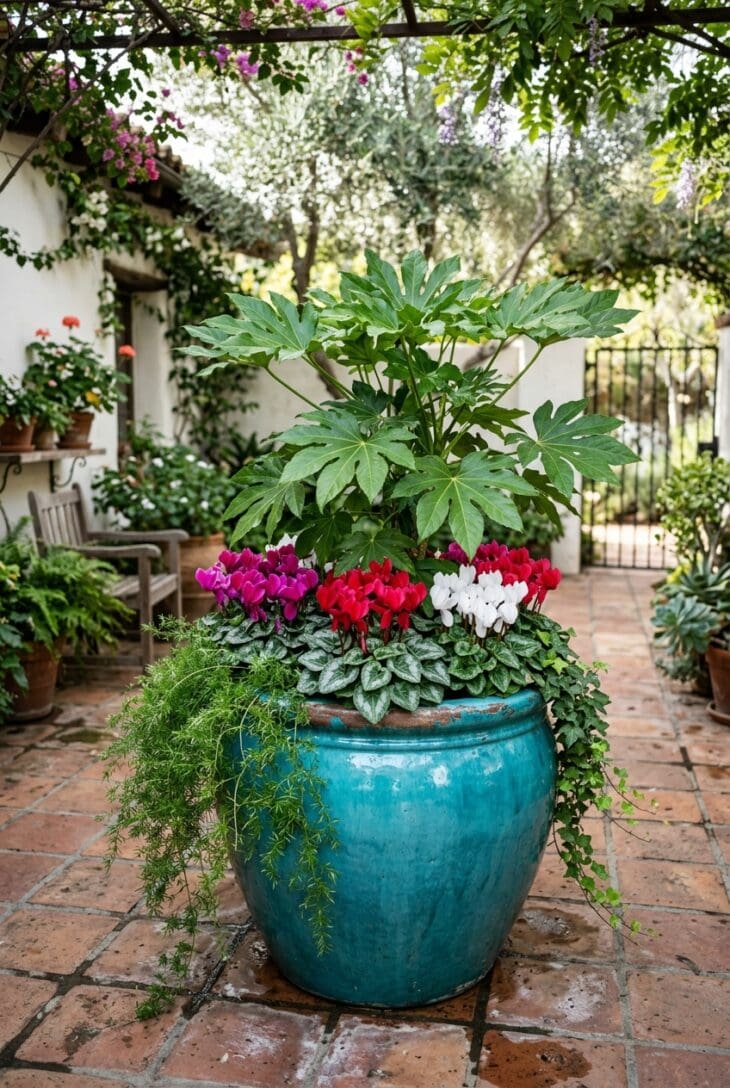 Turquoise pot of Japanese aralia with magenta, white and red cyclamen and trailing asparagus fern in a shaded courtyard