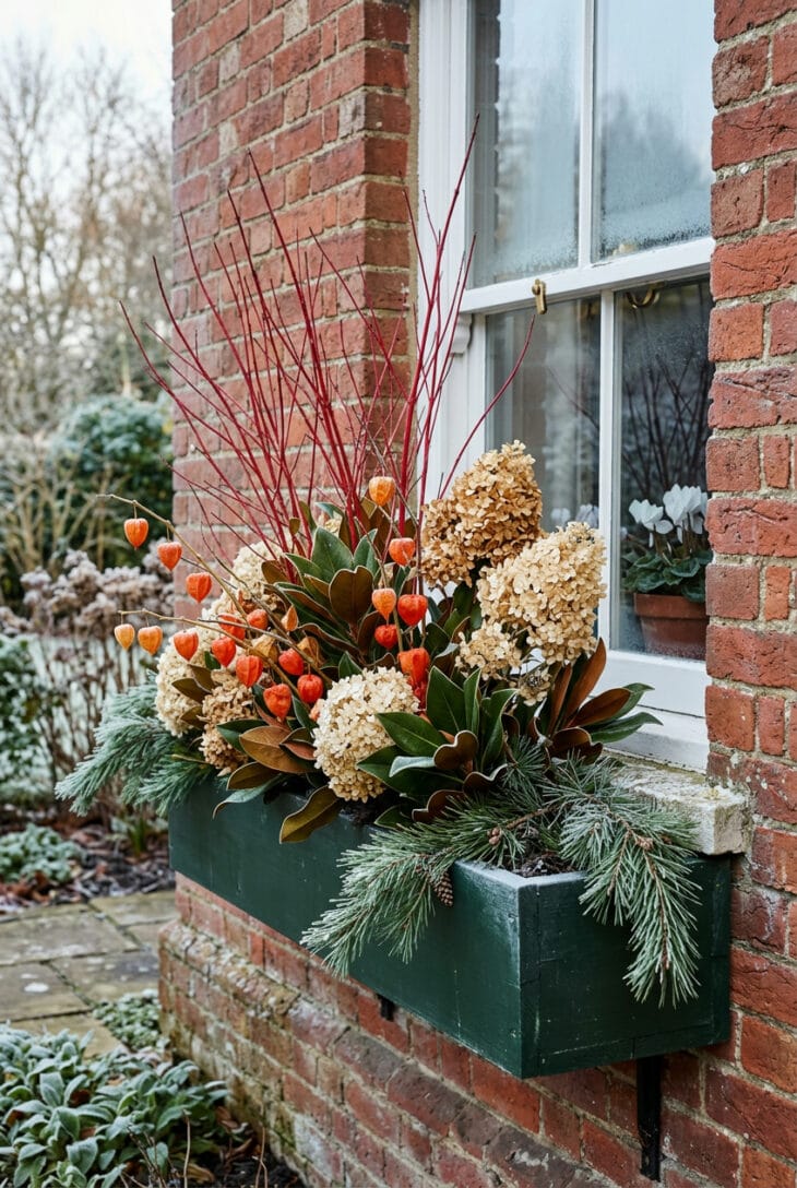 Green window box filled with red dogwood stems, dried hydrangea heads, orange Chinese lanterns, magnolia leaves and pine boughs