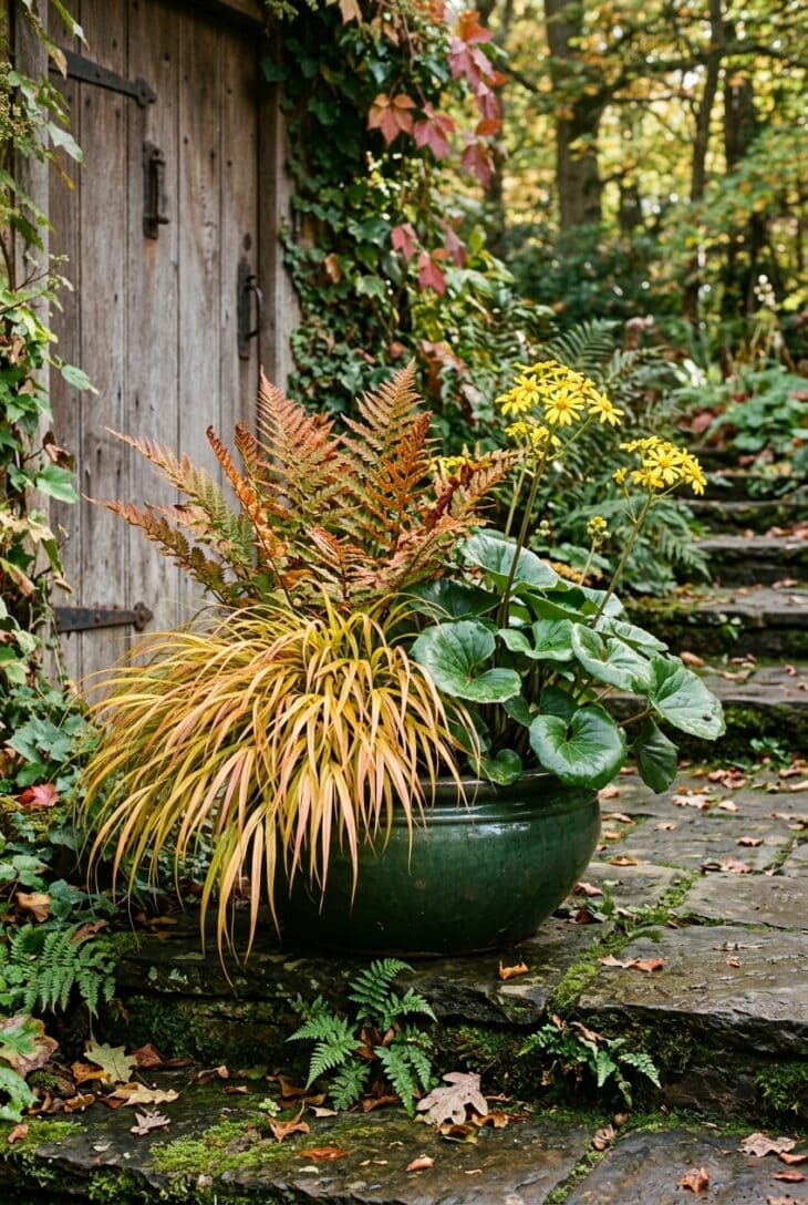 Green glazed bowl on a shady step with cascading golden Japanese forest grass, a copper autumn fern and yellow-flowered leopard plant