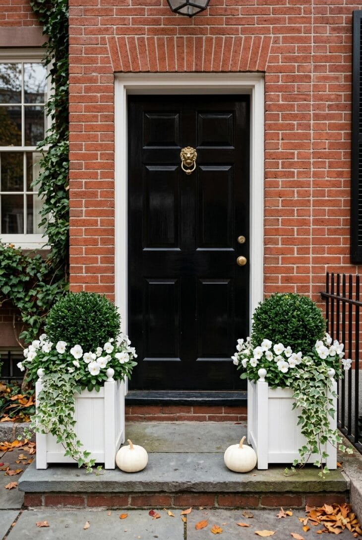 Pair of white square planters with clipped boxwood balls, white pansies and variegated ivy flanking a black front door