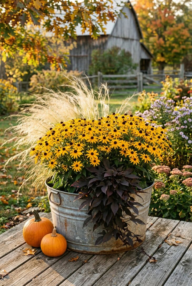 Galvanized washtub of golden black-eyed susans with blond feathery grass and dark sweet potato vine beside two pumpkins