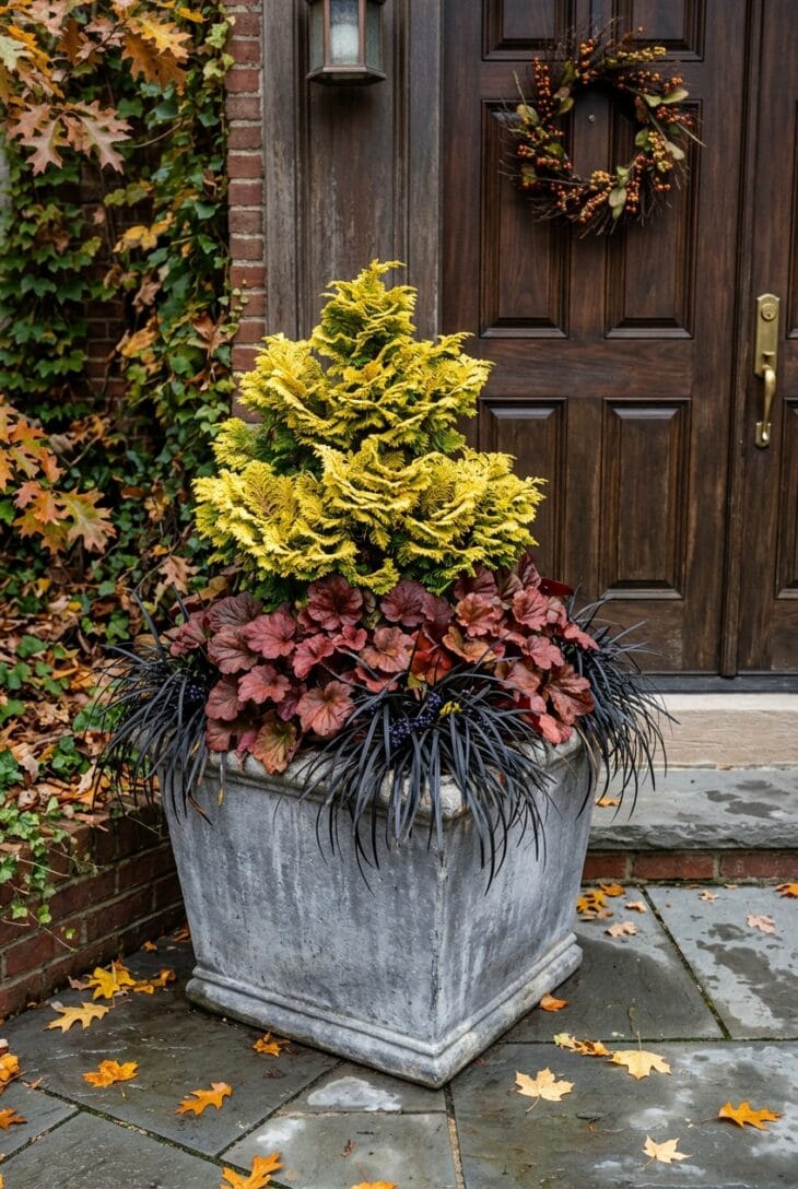 Square gray planter by a front door with a dwarf golden hinoki cypress, burgundy bergenia leaves and black mondo grass