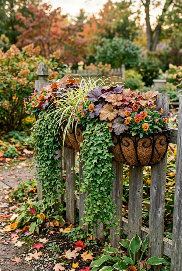Coir-lined black hayrack planter on a gray fence overflowing with heuchera, trailing pansies, golden sedge and ivy