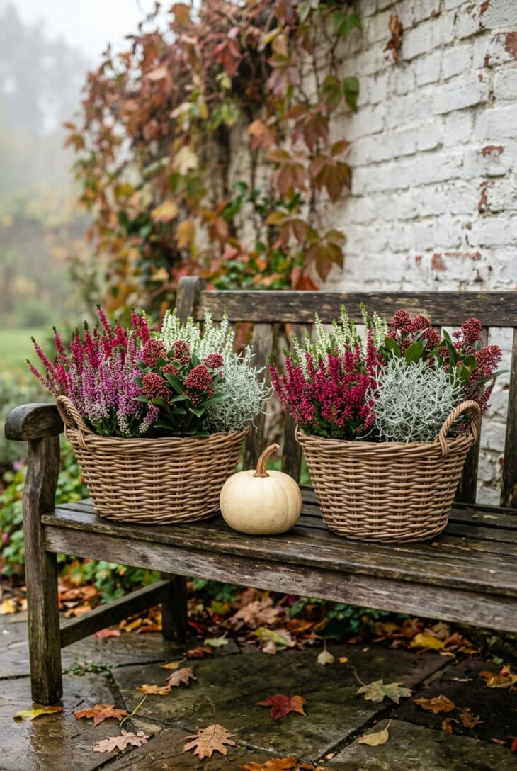 Wicker baskets of pink, white and red heather with red-budded skimmia and silver cushion bush on a wooden bench
