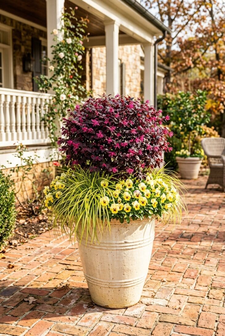 Cream planter of burgundy loropetalum with pink fringe flowers, chartreuse sedge and yellow pansies on a brick patio