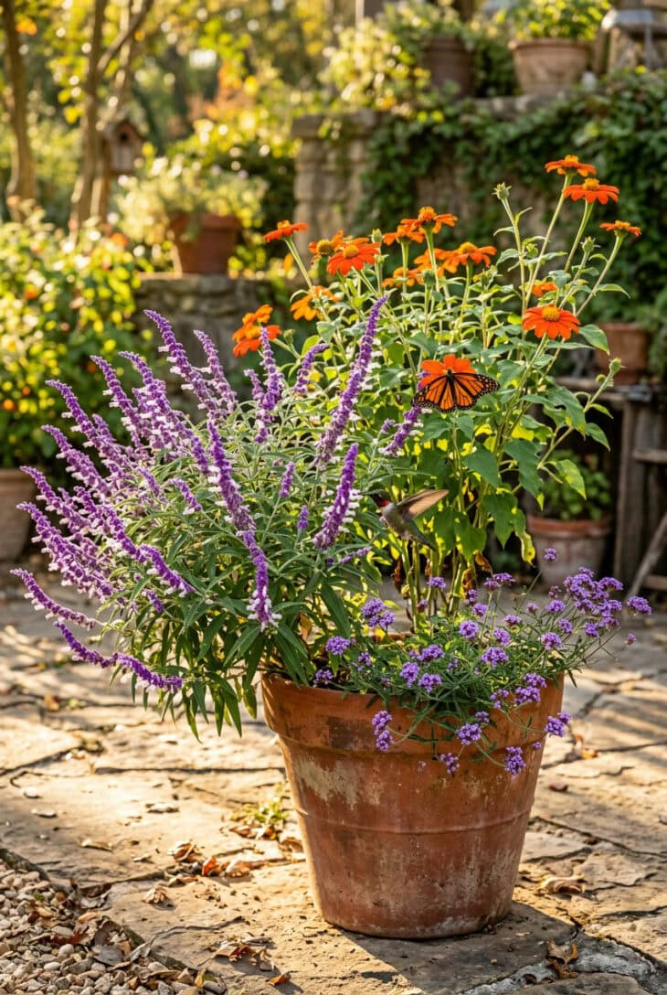 Terracotta pot of purple Mexican bush sage and orange Mexican sunflowers with a hummingbird and a monarch butterfly