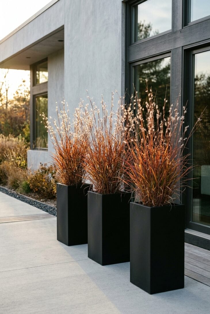Row of three tall black square planters of copper and burgundy little bluestem grass on a modern concrete terrace