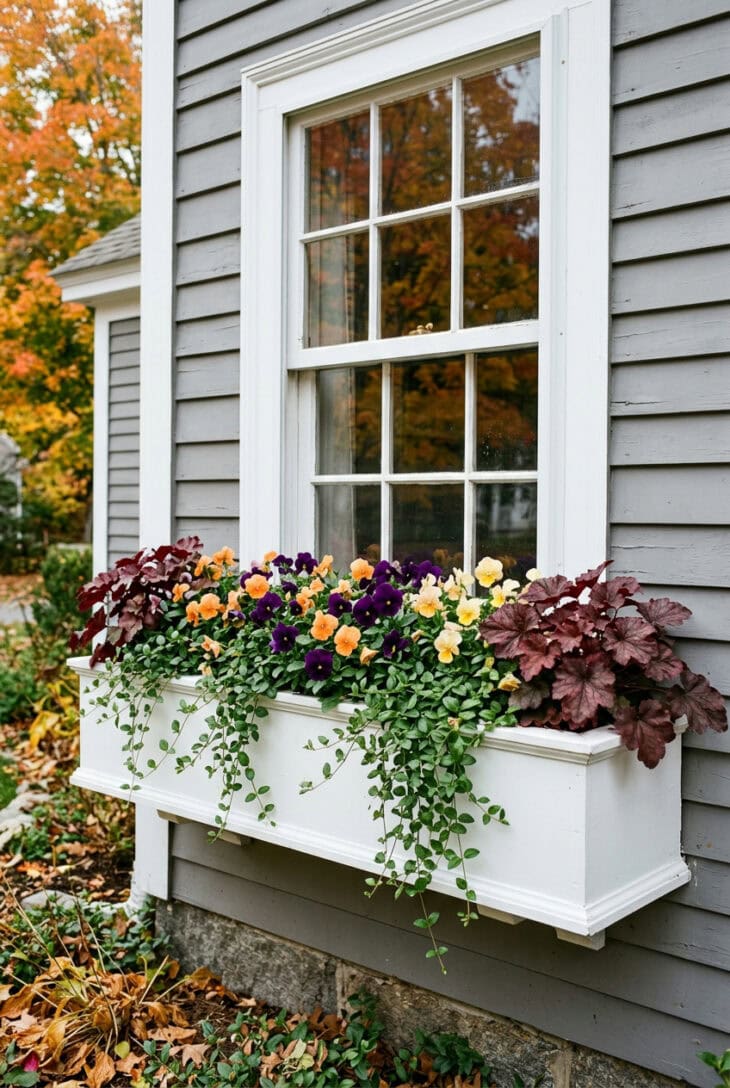 White window box packed with purple, apricot and yellow pansies, burgundy heuchera and trailing periwinkle under a sash window