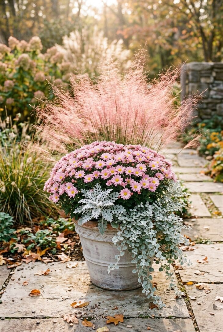 Gray clay pot of soft pink hardy chrysanthemums, pink muhly grass plumes, silver dusty miller and trailing licorice plant