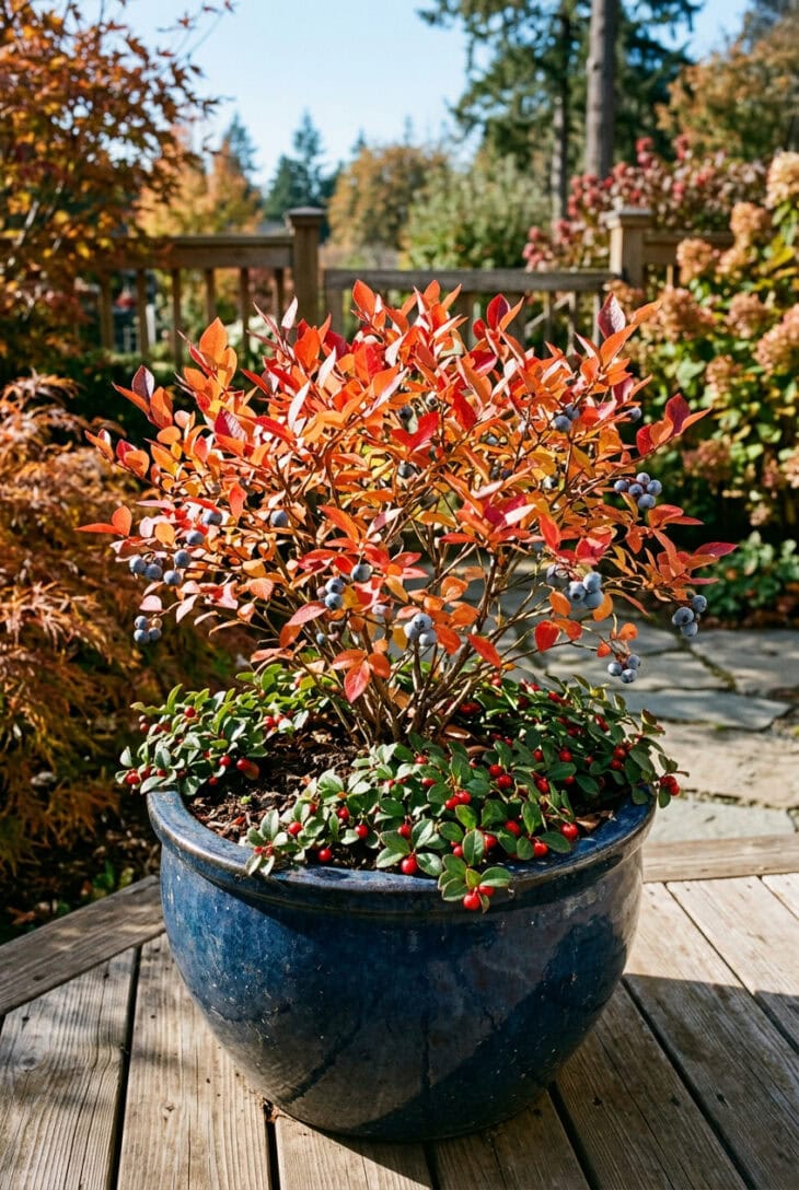 Dwarf blueberry bush with scarlet fall leaves in a blue glazed pot, underplanted with red-berried wintergreen