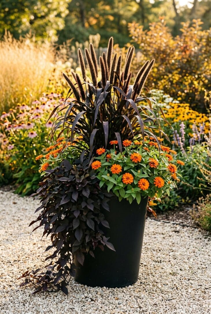 Tall black planter with dark purple ornamental millet seed spikes above bright orange zinnias and trailing black sweet potato vine