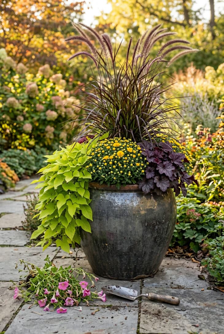 Summer container of purple fountain grass and chartreuse sweet potato vine refreshed with a yellow mum and plum heuchera, pulled petunias beside it
