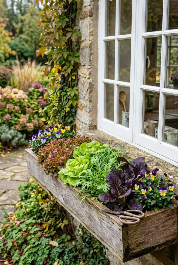 Cedar window box of red and green lettuce, feathery mizuna, purple mustard and violas outside a kitchen window