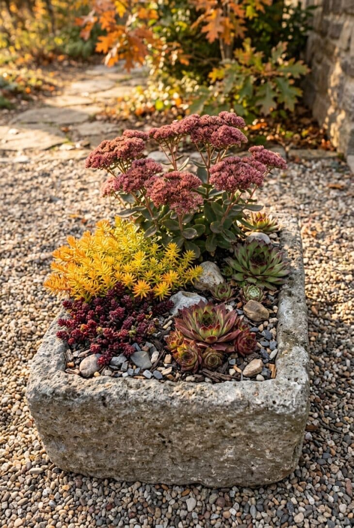 Gray hypertufa trough of rust-pink stonecrop, orange-tipped golden sedum, red creeping sedum and hens and chicks