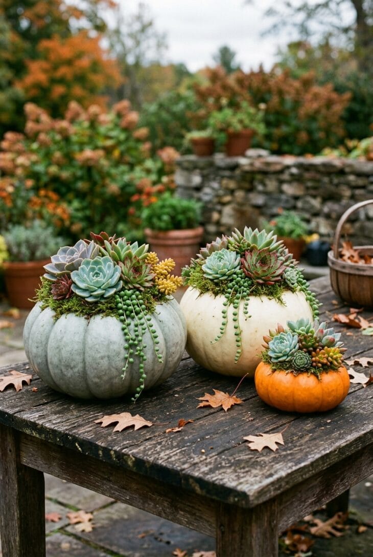 Three uncarved blue-gray, white and orange pumpkins topped with moss and echeveria, hens and chicks and sedum rosettes