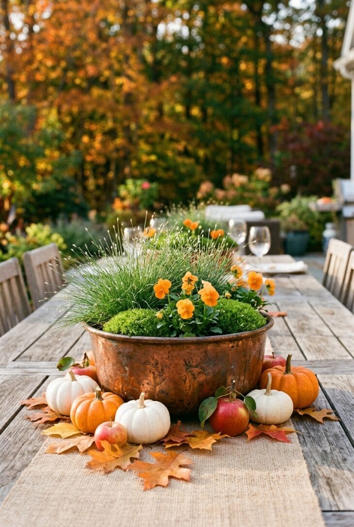 Low copper bowl of fiber optic grass, Irish moss and orange violas on an outdoor table with mini pumpkins and lady apples
