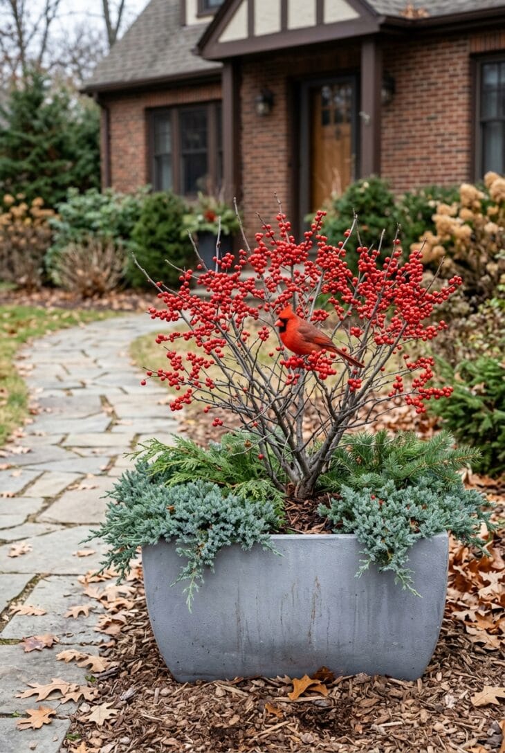 Gray planter of winterberry holly covered in red berries with blue creeping juniper and a cardinal on a branch