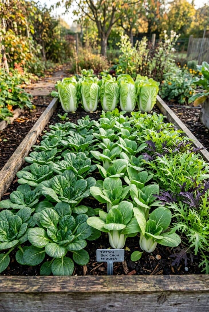 Raised bed planted in blocks of tatsoi rosettes, baby bok choy, green and purple mizuna and napa cabbage