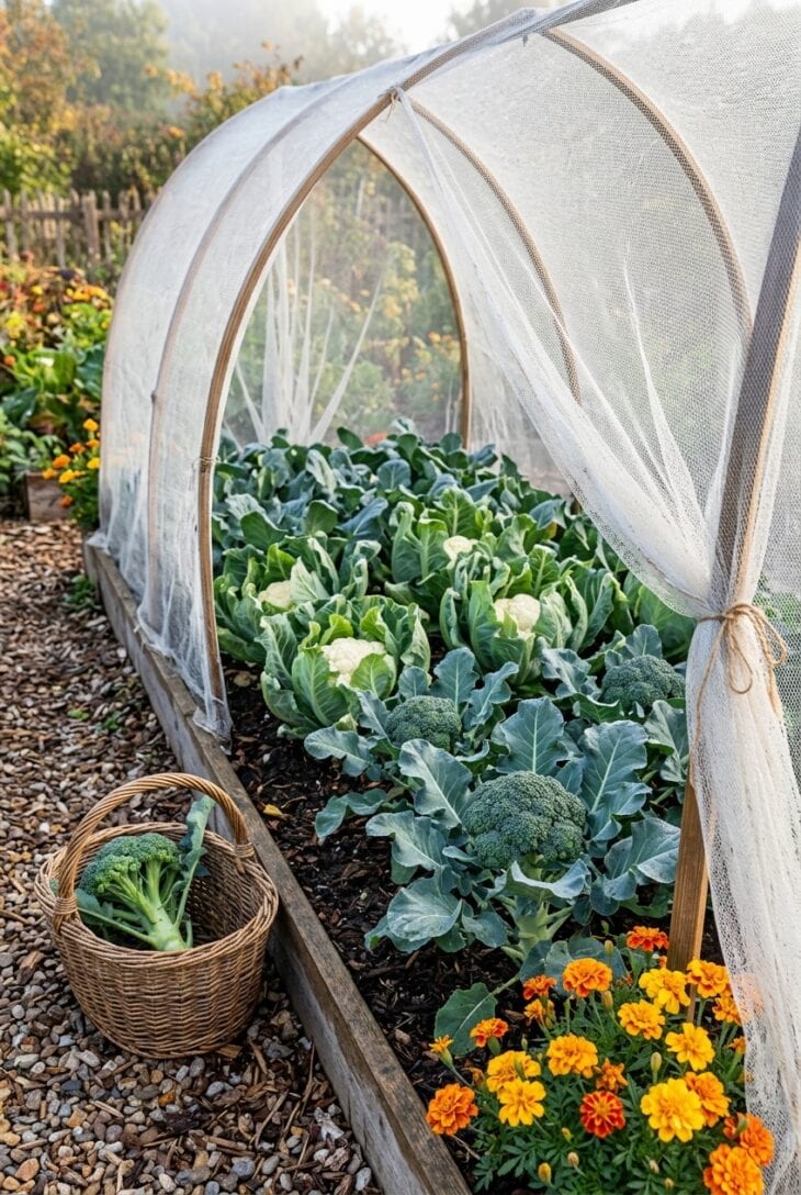 Broccoli and cauliflower plants under fine white mesh netting pulled back to show a tight broccoli head, with a cut crown in a basket