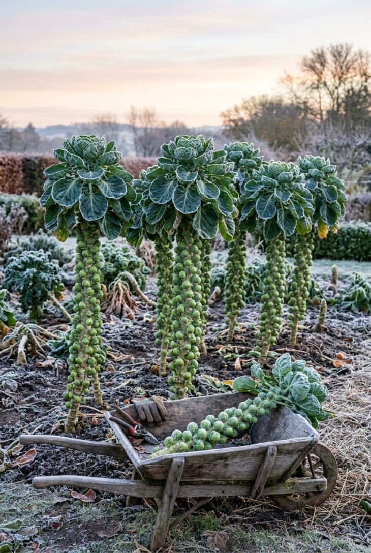 Frost-covered Brussels sprout stalks studded with green sprouts, with one cut stalk lying across a wheelbarrow