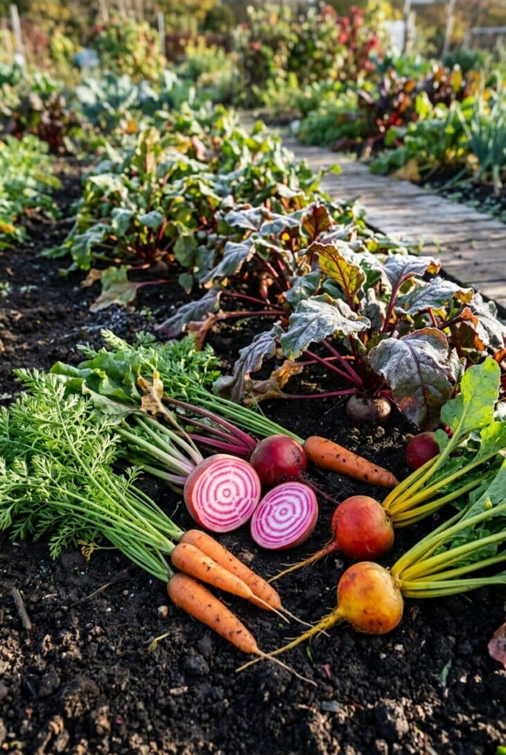 Freshly pulled orange carrots and red, golden and ringed Chioggia beets lying on a frosty bed beside rows still growing