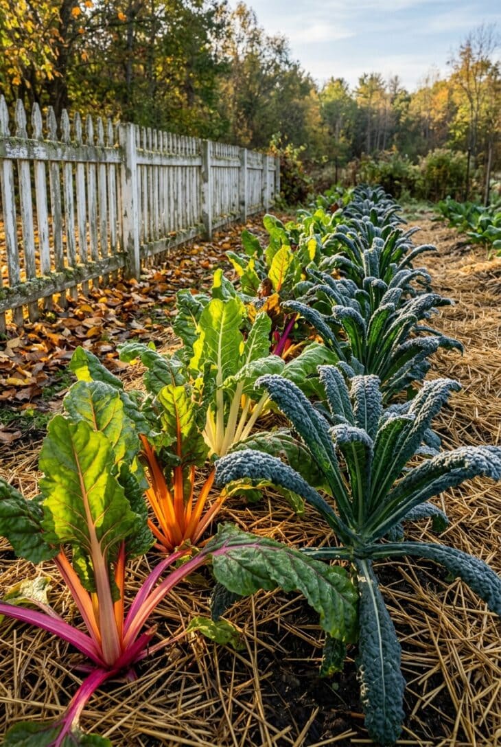 Row of rainbow Swiss chard with glowing colored stems alternating with dark lacinato kale touched by frost