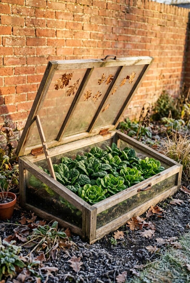 Wooden cold frame with its glass lid propped open, full of dark green spinach and small mâche rosettes beside a brick wall