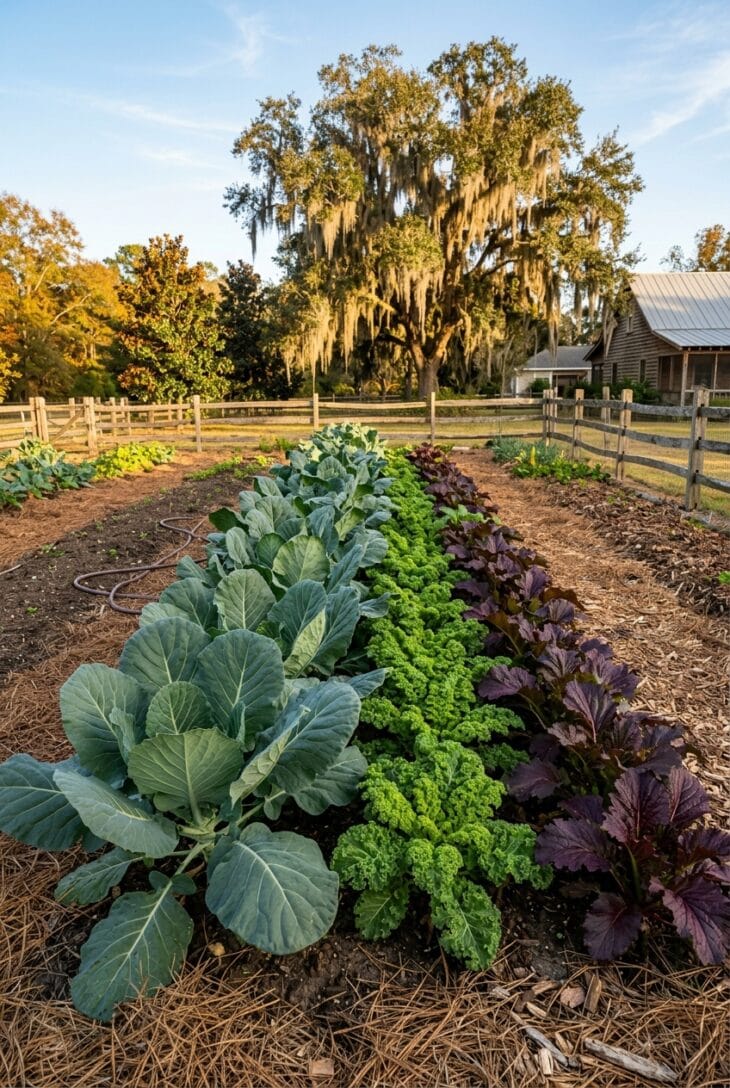 Rows of large blue-green collard greens beside curly green and red mustard greens in a sunny Southern garden