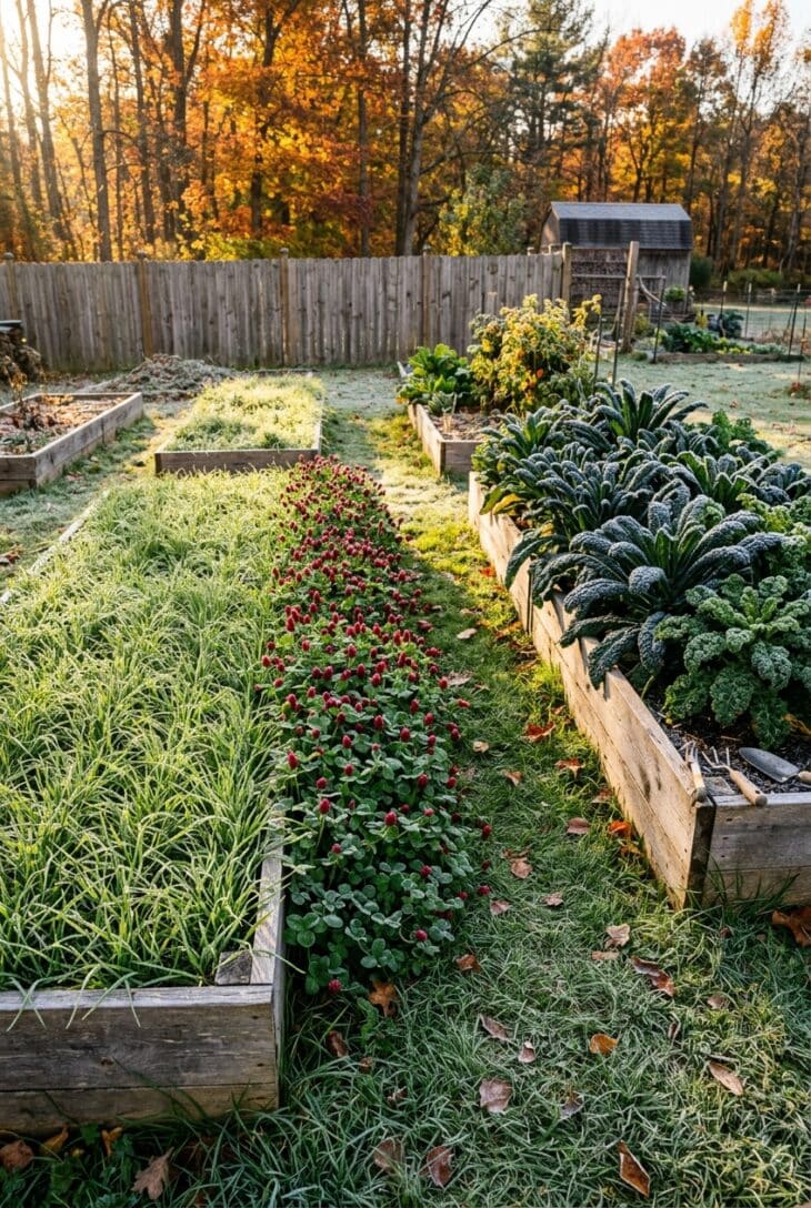 Vegetable beds carpeted in bright green cover crops of rye and clover beside a bed of kale on a frosty morning