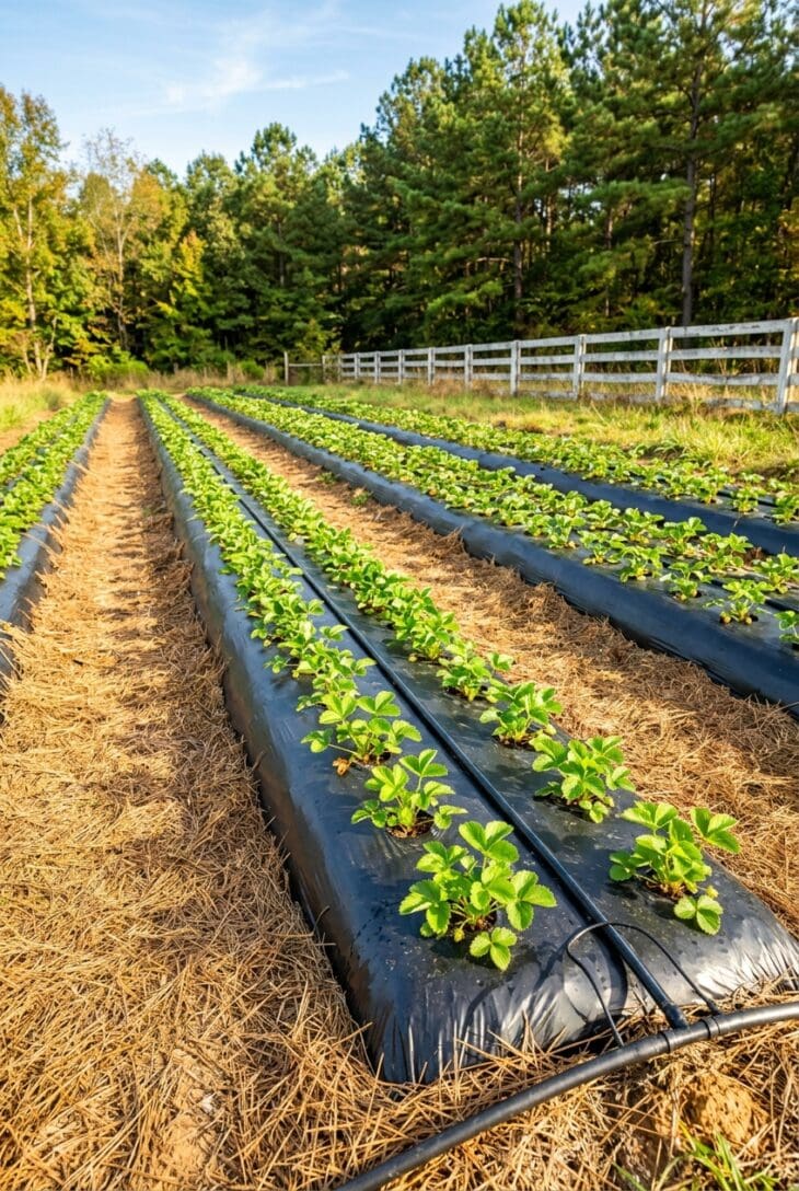 Raised rows covered in black plastic with young strawberry plants in staggered double rows on a sunny autumn day