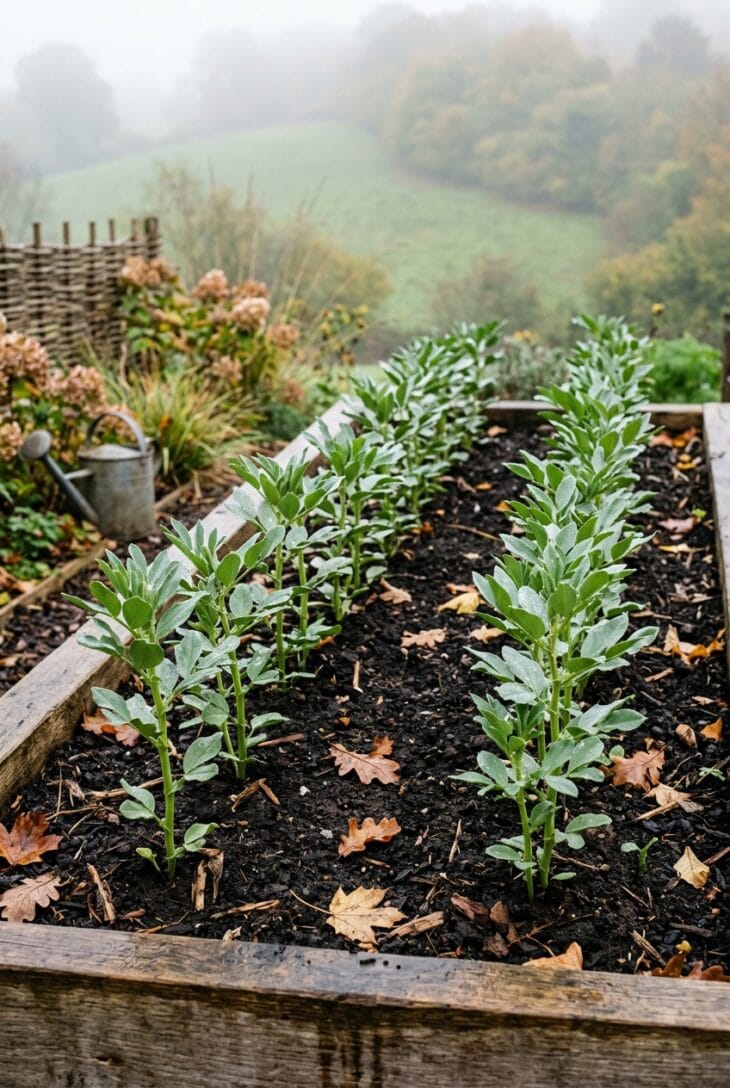 Double rows of young blue-green fava bean plants in a raised bed on a misty autumn morning