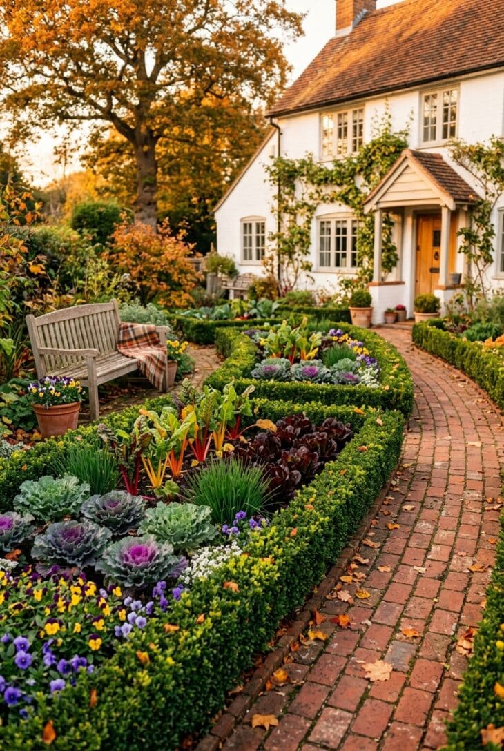Front-yard potager beds edged in boxwood and planted with purple kale, rainbow chard, red lettuce and violas beside a brick path