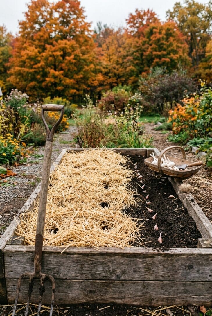 Raised bed mulched with golden straw after garlic planting, with a trug of garlic bulbs and cloves on the edge