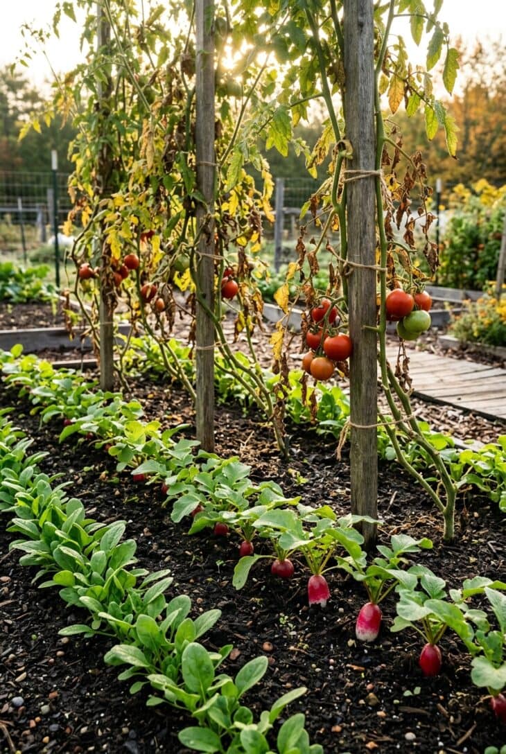 Rows of young spinach and red radishes growing in the shade beneath staked tomato plants at the end of summer