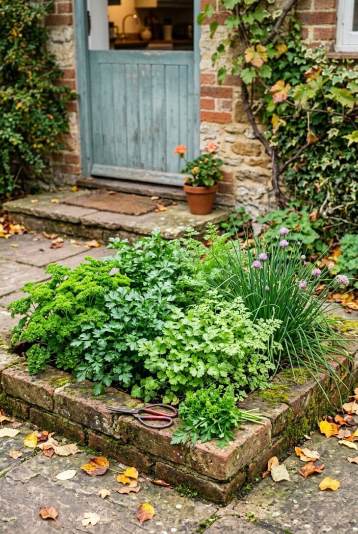 Brick-edged herb bed by a kitchen door with parsley, cilantro, chervil and chives in autumn