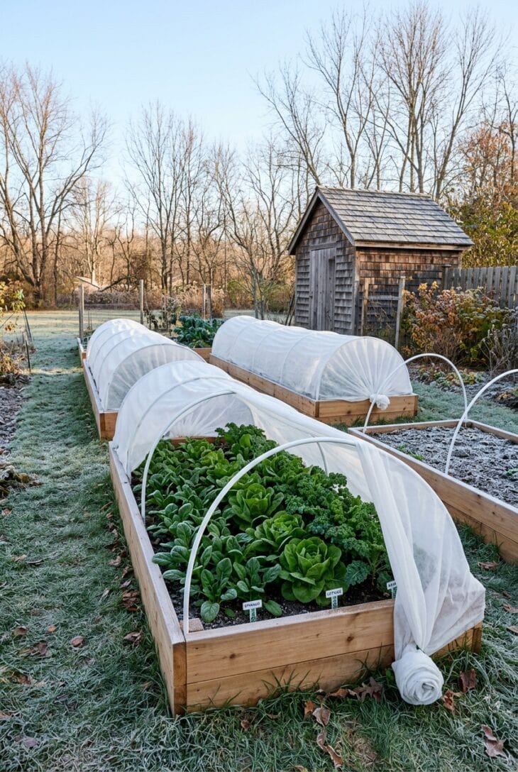 Cedar raised beds covered by low white fabric tunnels, one end rolled back to show spinach, lettuce and kale on a frosty morning