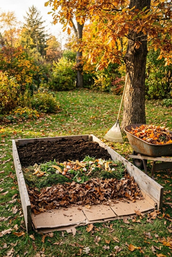 New garden bed built from layers of cardboard, shredded leaves and compost inside a wooden frame beside a wheelbarrow of fallen leaves