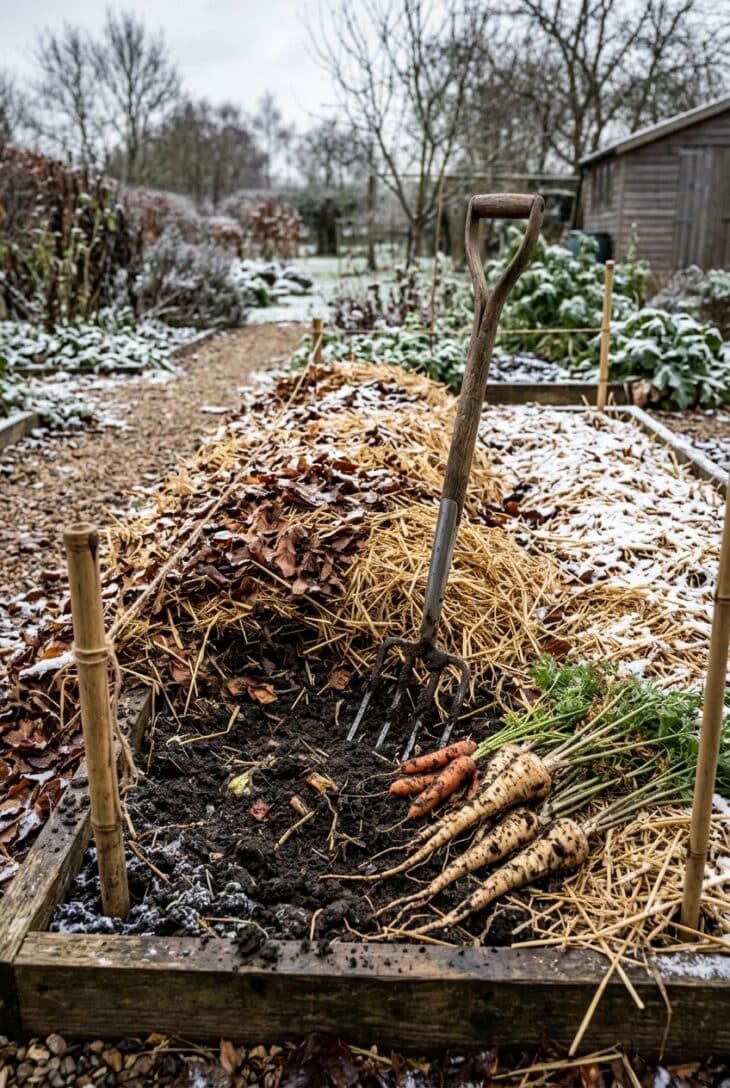 Straw-mulched winter vegetable bed pulled back with a fork to lift cream parsnips and orange carrots from the soil