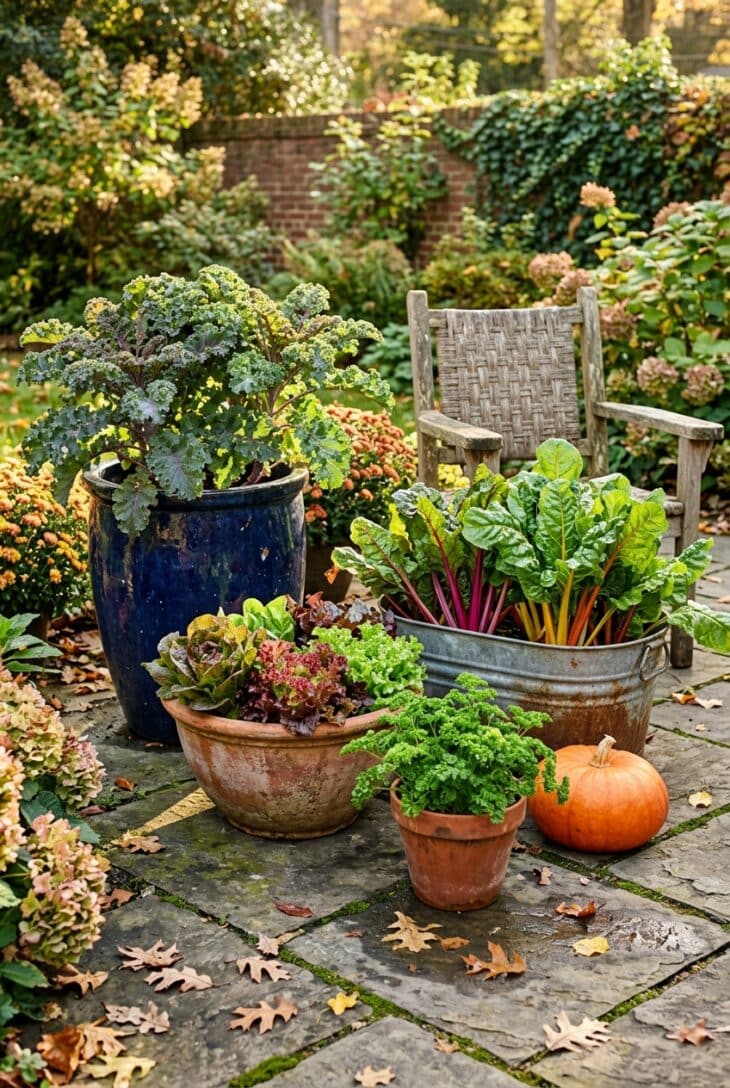 Group of patio containers planted with purple kale, mixed lettuce, rainbow chard and parsley on a sunny flagstone patio
