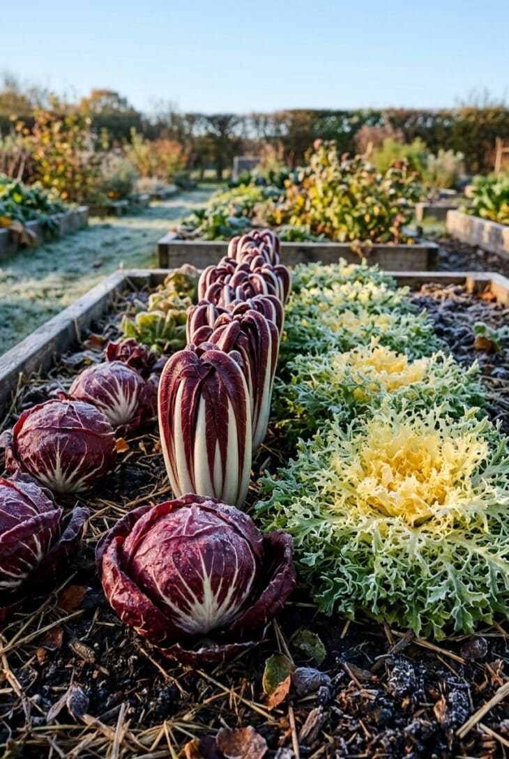 Bed of round burgundy radicchio heads, tapered Treviso radicchio and frilly frisée endive touched by frost
